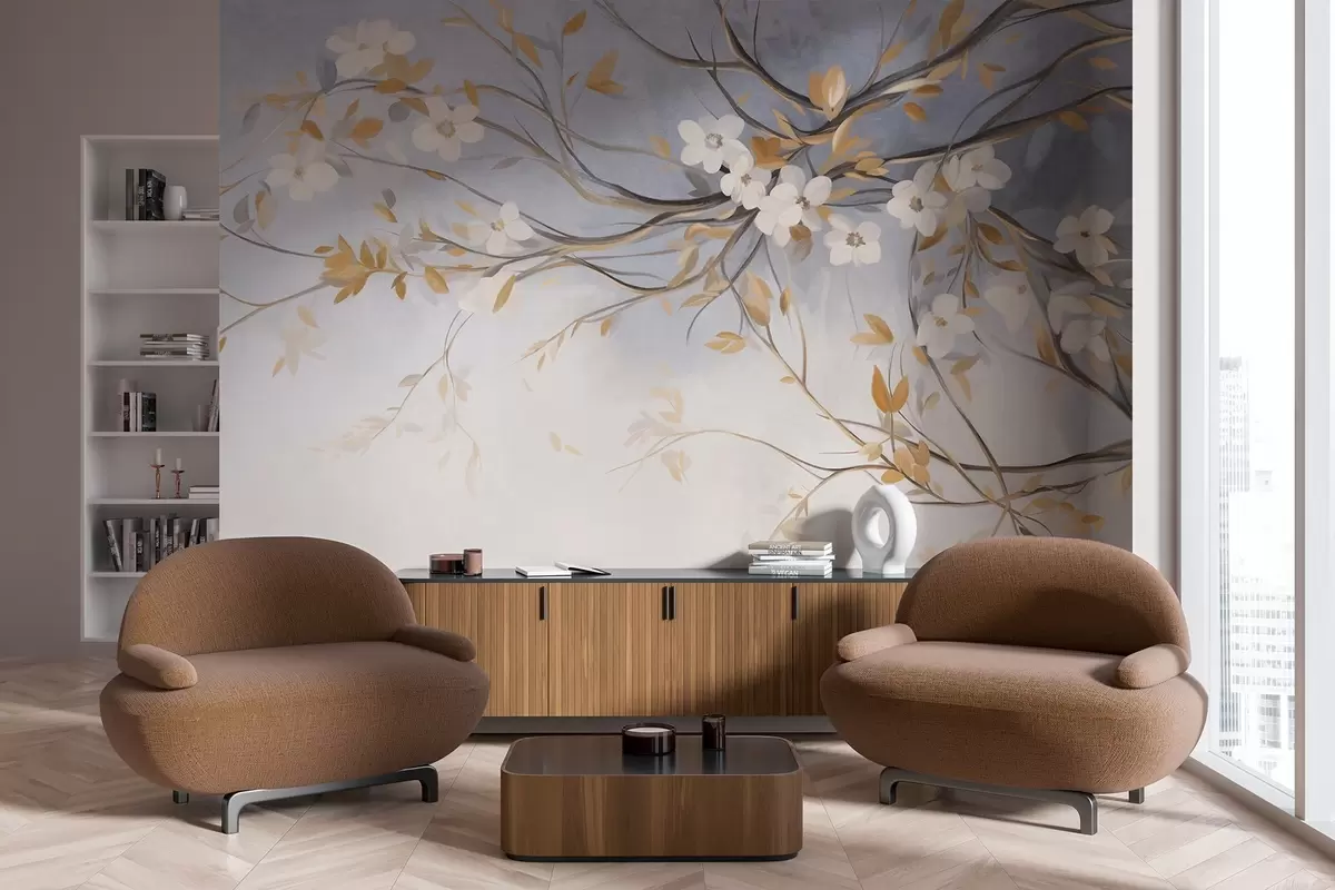 Murales de pared Flores blancas con hojas naranjas en una rama de árbol, fondo azul claro con textura, delicadas pinceladas w09415 murales de pared Flores blancas con hojas naranjas en una rama de árbol, fondo azul claro con textura, delicadas pinceladas w09415