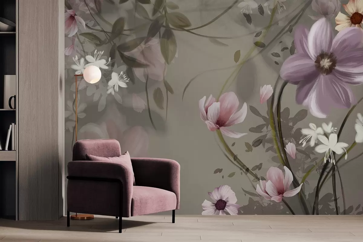Murales de pared Flores rosas y blancas con tallos y hojas marrones, iluminación suave, colores apagados, arreglo floral w09417 murales de pared Flores rosas y blancas con tallos y hojas marrones, iluminación suave, colores apagados, arreglo floral w09417