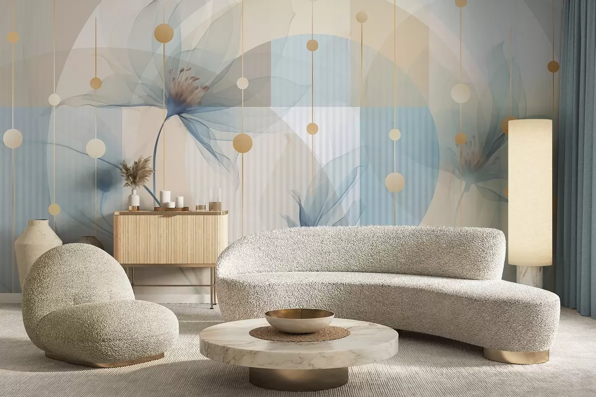 Murales de pared Flores abstractas translúcidas, círculos y formas geométricas, paleta de colores azul pastel, beige y blanco w09419 murales de pared Flores abstractas translúcidas, círculos y formas geométricas, paleta de colores azul pastel, beige y blanco w09419