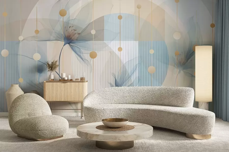 murales de pared Flores abstractas translúcidas, círculos y formas geométricas, paleta de colores azul pastel, beige y blanco w09419