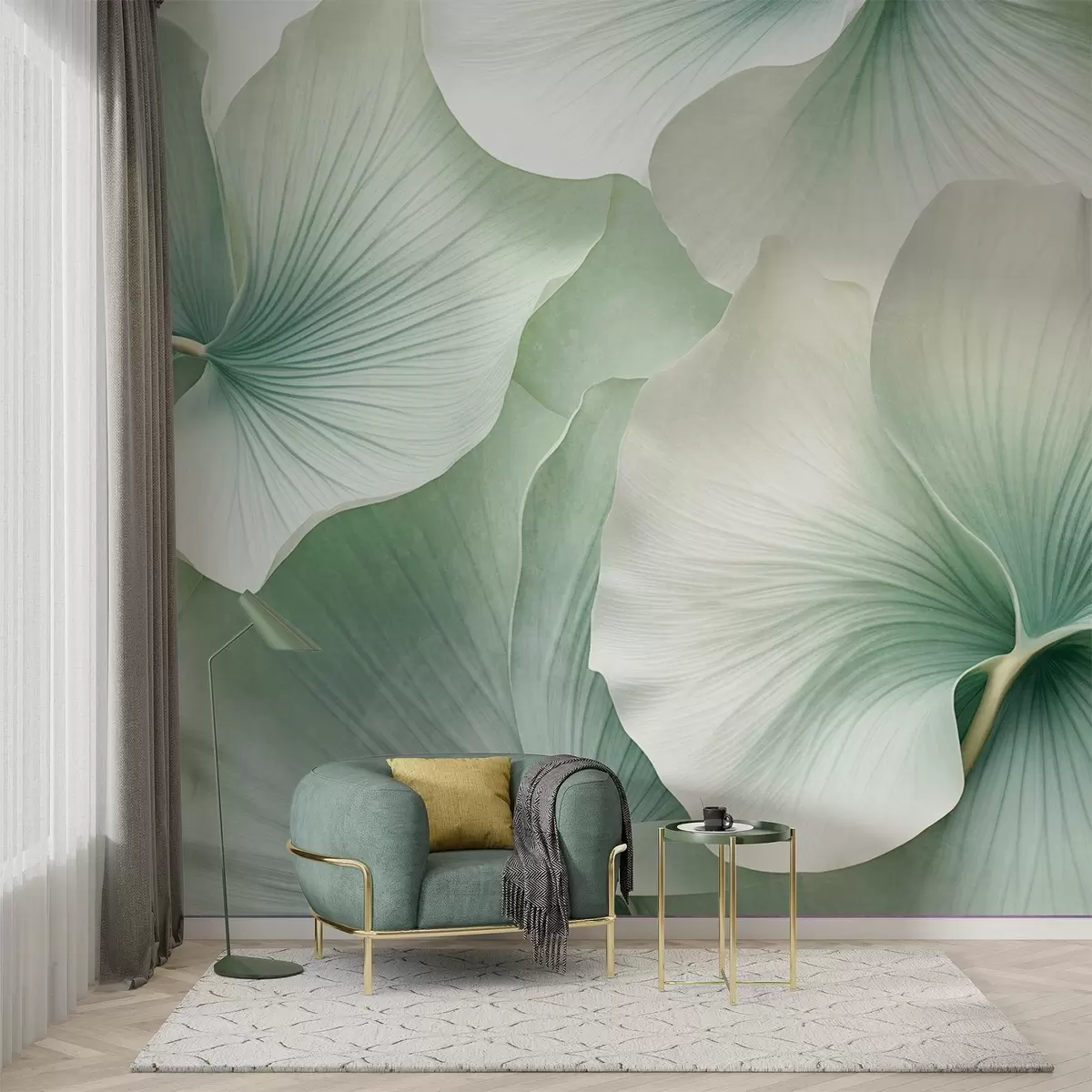 Murales de pared Hojas de ginkgo blancas y verdes, textura suave, fondo floral abstracto, estilo minimalista moderno w09421 murales de pared Hojas de ginkgo blancas y verdes, textura suave, fondo floral abstracto, estilo minimalista moderno w09421