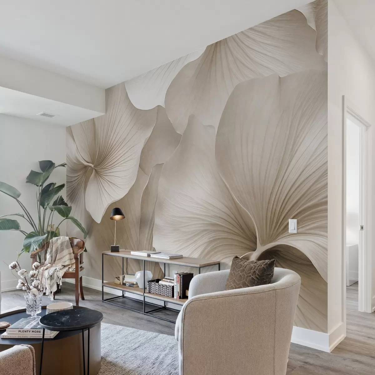 Murales de pared Hojas de ginkgo blancas y beige, textura suave, fondo floral abstracto, estilo minimalista moderno w09421v1 murales de pared Hojas de ginkgo blancas y beige, textura suave, fondo floral abstracto, estilo minimalista moderno w09421v1