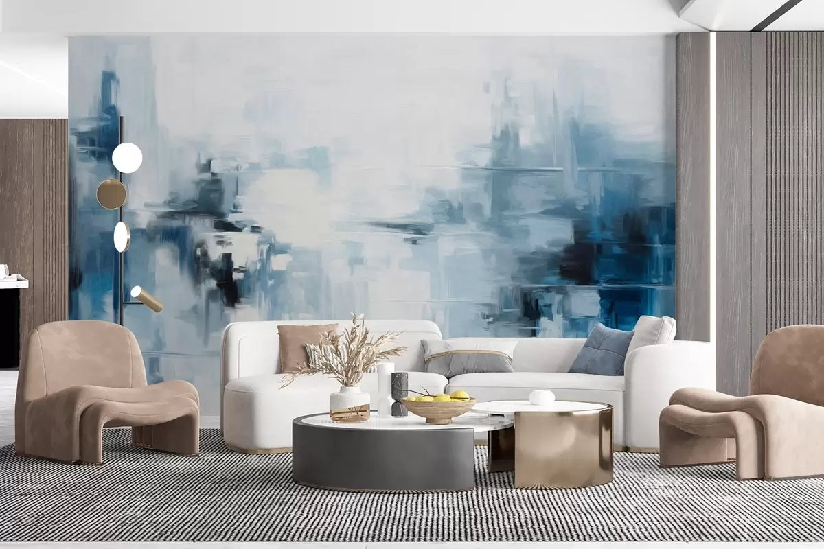 Murales de pared Imitación de pintura abstracta de paisaje con textura y pinceladas azules y blancas, estilo moderno w09422 murales de pared Imitación de pintura abstracta de paisaje con textura y pinceladas azules y blancas, estilo moderno w09422