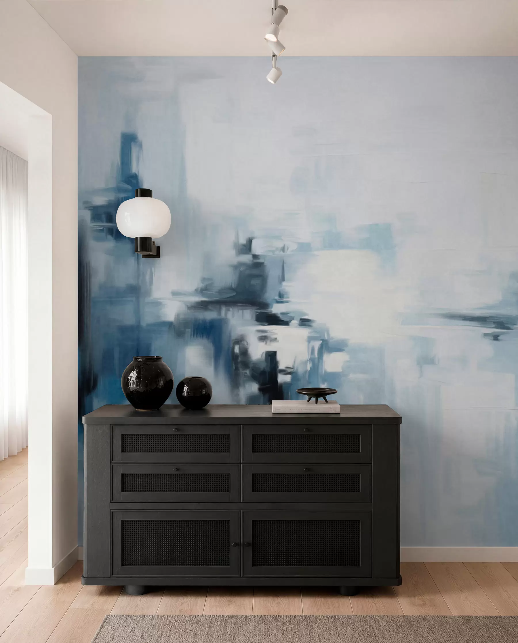 murales de pared Imitación de pintura abstracta de paisaje con textura y pinceladas azules y blancas, estilo moderno w09422