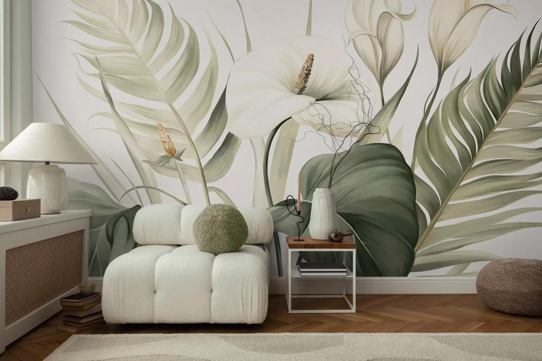 murales de pared Calas blancas y hojas tropicales verdes, ilustración botánica, fondo claro, estilo vintage, texturizado w09423