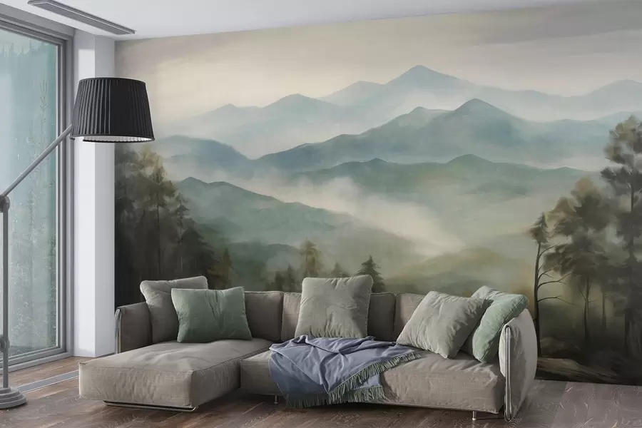 Murales de pared Cordillera brumosa con árboles, niebla, cielo nublado, colores apagados, estilo de pintura paisajística w09424 murales de pared Cordillera brumosa con árboles, niebla, cielo nublado, colores apagados, estilo de pintura paisajística w09424