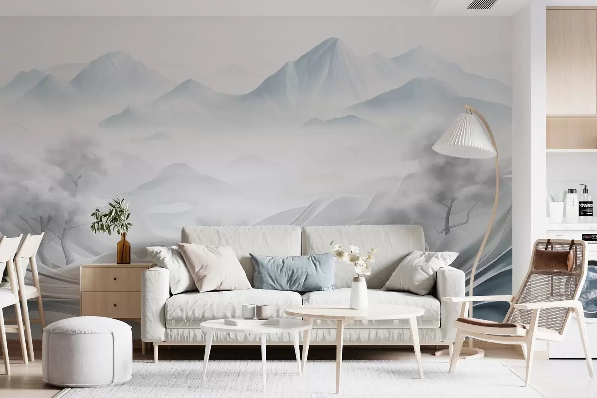 Murales de pared Paisaje montañoso abstracto nevado con árboles blancos y niebla, estilo minimalista con textura w09426 murales de pared Paisaje montañoso abstracto nevado con árboles blancos y niebla, estilo minimalista con textura w09426