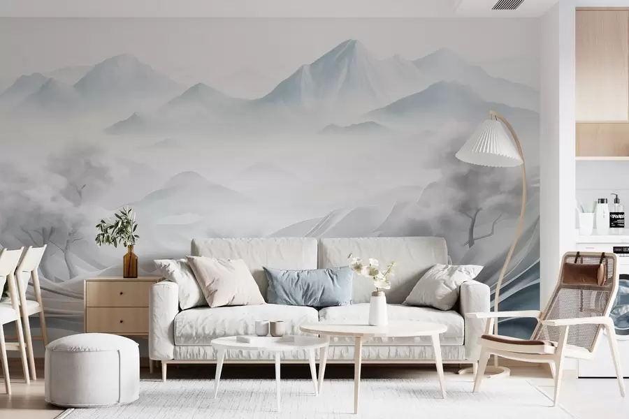 Murales de pared Paisaje montañoso abstracto nevado con árboles blancos y niebla, estilo minimalista con textura w09426 murales de pared Paisaje montañoso abstracto nevado con árboles blancos y niebla, estilo minimalista con textura w09426