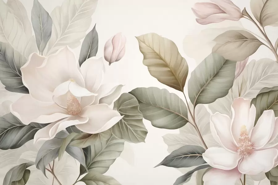 murales de pared Flores de magnolia con hojas en colores pastel, blanco, rosa y verde, suaves, delicadas, estilo acuarela w09427