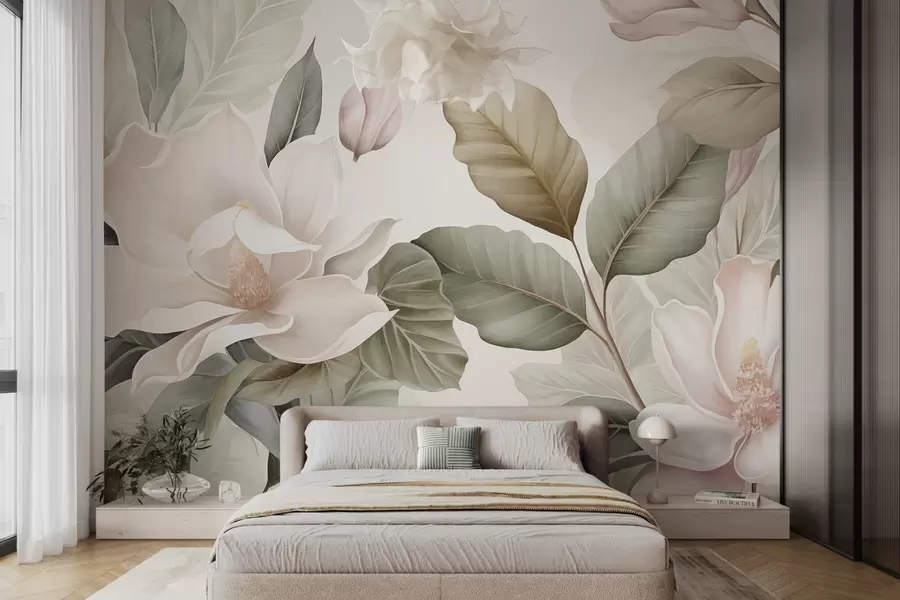 murales de pared Flores de magnolia con hojas en colores pastel, blanco, rosa y verde, suaves, delicadas, estilo acuarela w09427
