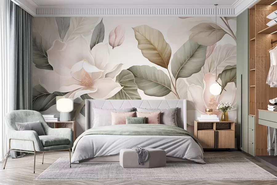 murales de pared Flores de magnolia con hojas en colores pastel, blanco, rosa y verde, suaves, delicadas, estilo acuarela w09427