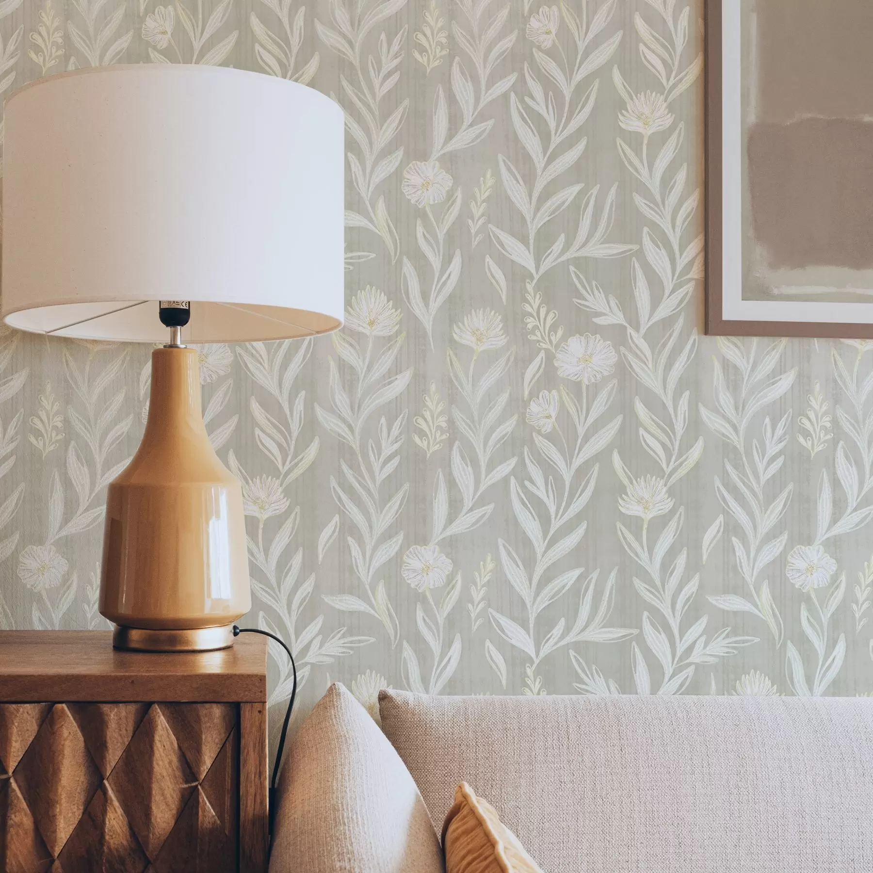 murales de pared Hierbas y flores claras sobre fondo beige, líneas esquemáticas a00618