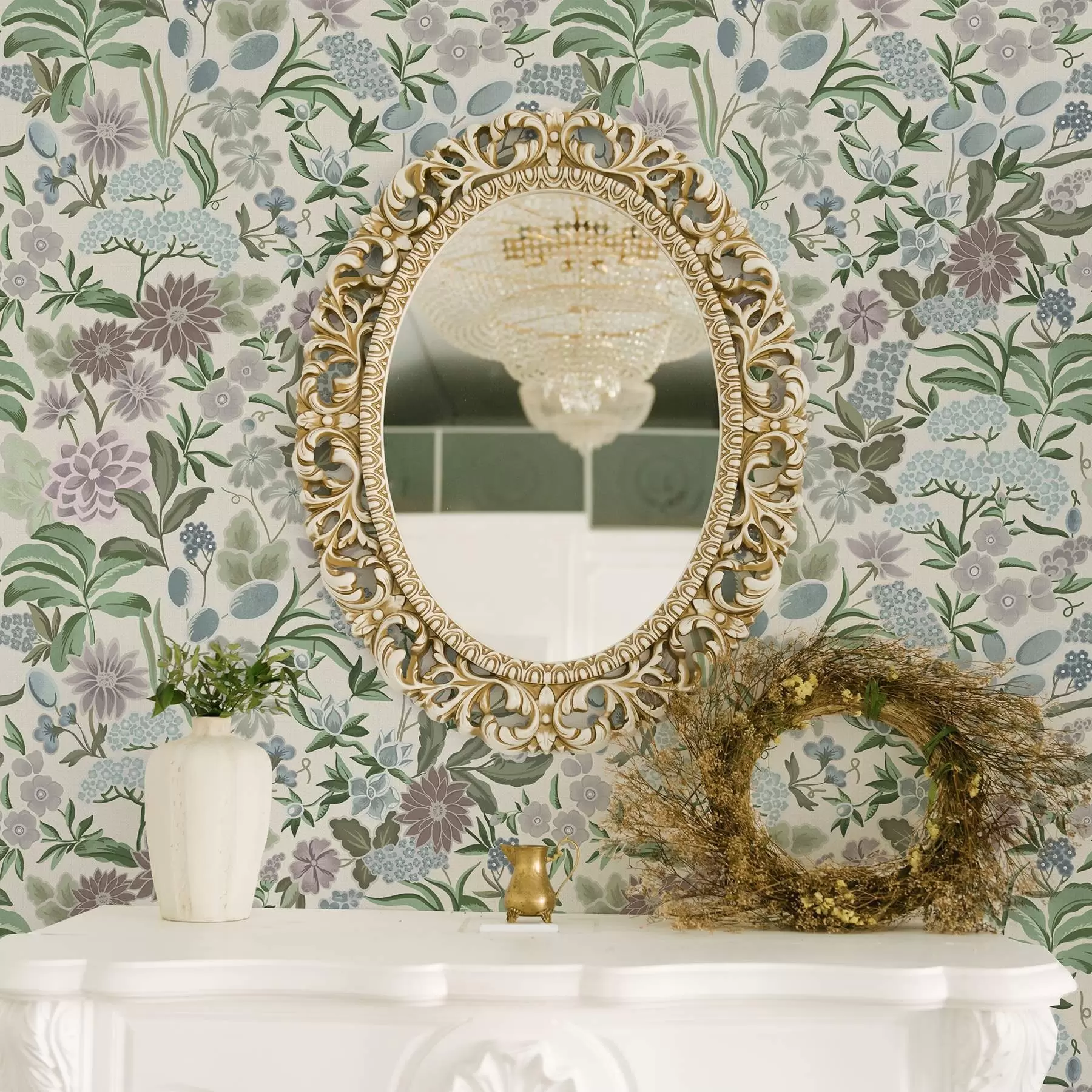 murales de pared Flores y follaje en tonos pastel en una paleta de colores azul menta a00642