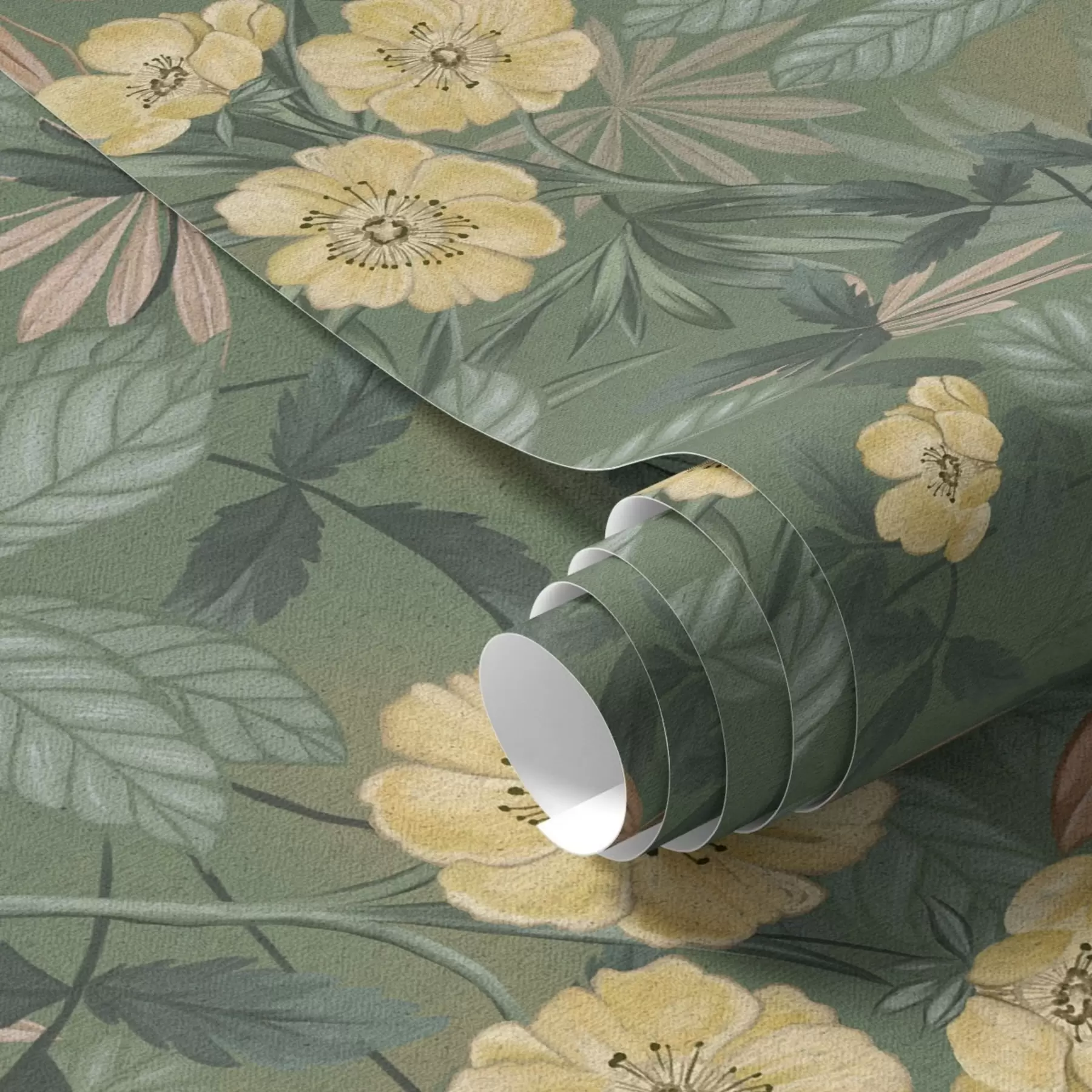 murales de pared Flores amarillas entre texturas de hojas verdes a00718