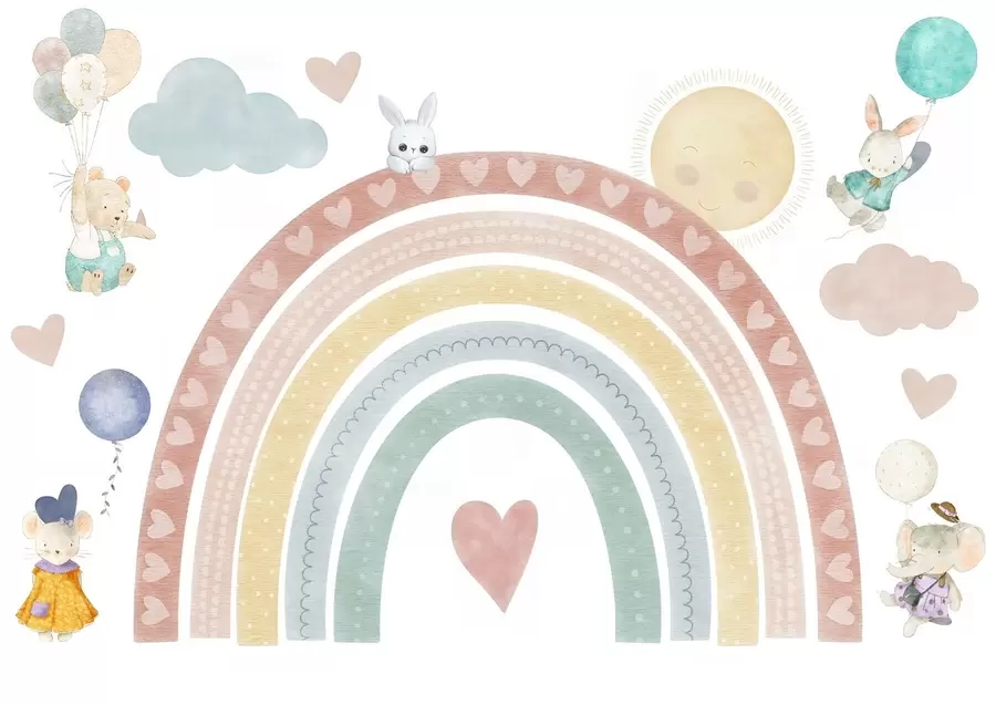 murales de pared Pastel arcoíris con corazones, animales y globos w04681