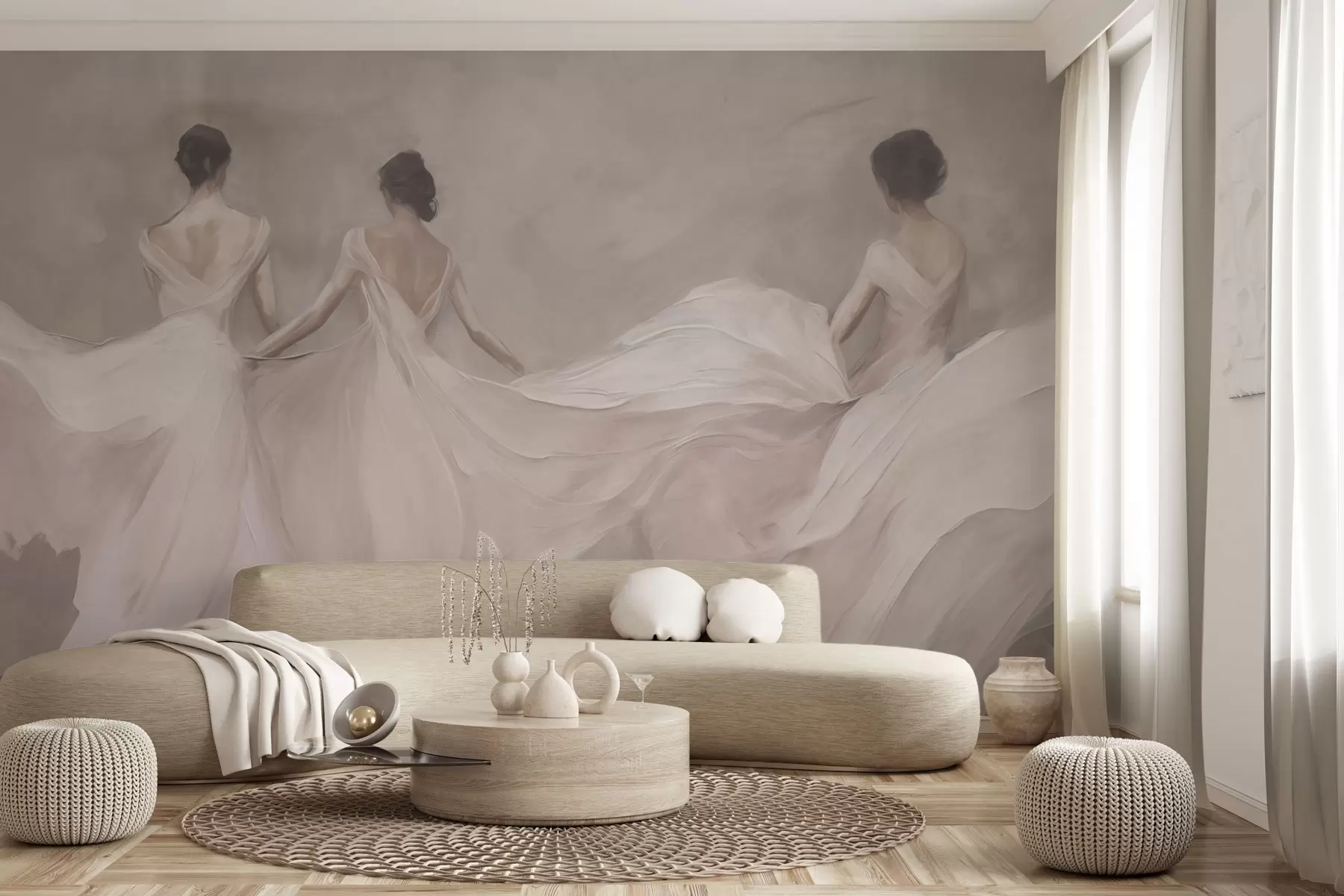 Murales de pared Tres mujeres con vestidos rosas, tela fluida, suavidad w04709 murales de pared Tres mujeres con vestidos rosas, tela fluida, suavidad w04709