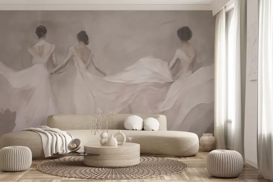 Murales de pared Tres mujeres con vestidos rosas, tela fluida, suavidad w04709 murales de pared Tres mujeres con vestidos rosas, tela fluida, suavidad w04709