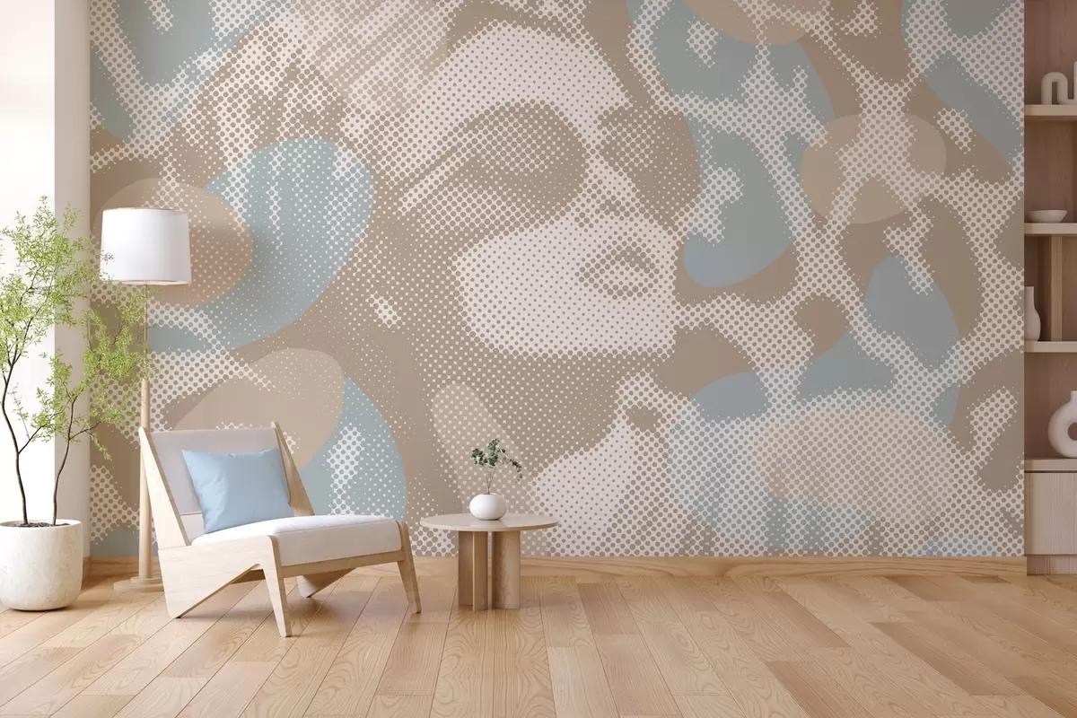 Murales de pared retrato de una mujer sobre un fondo de leopardo en estilo punteado en tonos beige y azul w04630 murales de pared retrato de una mujer sobre un fondo de leopardo en estilo punteado en tonos beige y azul w04630