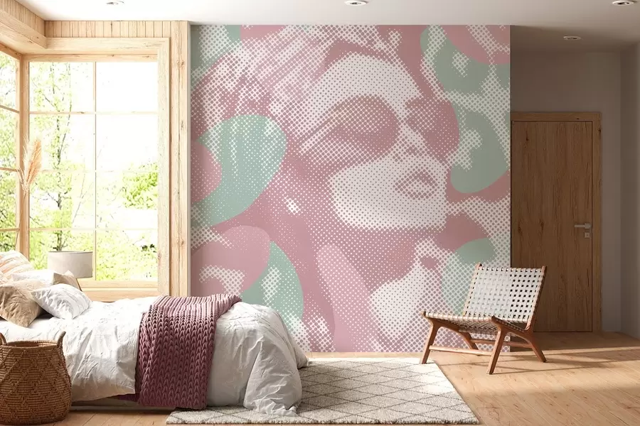 Murales de pared retrato de una mujer sobre un fondo de leopardo en estilo punteado en tonos rosas y verdes w04630v2 murales de pared retrato de una mujer sobre un fondo de leopardo en estilo punteado en tonos rosas y verdes w04630v2
