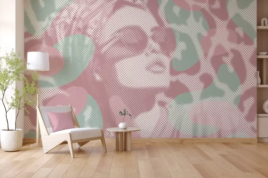 Murales de pared retrato de una mujer sobre un fondo de leopardo en estilo punteado en tonos rosas y verdes w04630v2 murales de pared retrato de una mujer sobre un fondo de leopardo en estilo punteado en tonos rosas y verdes w04630v2