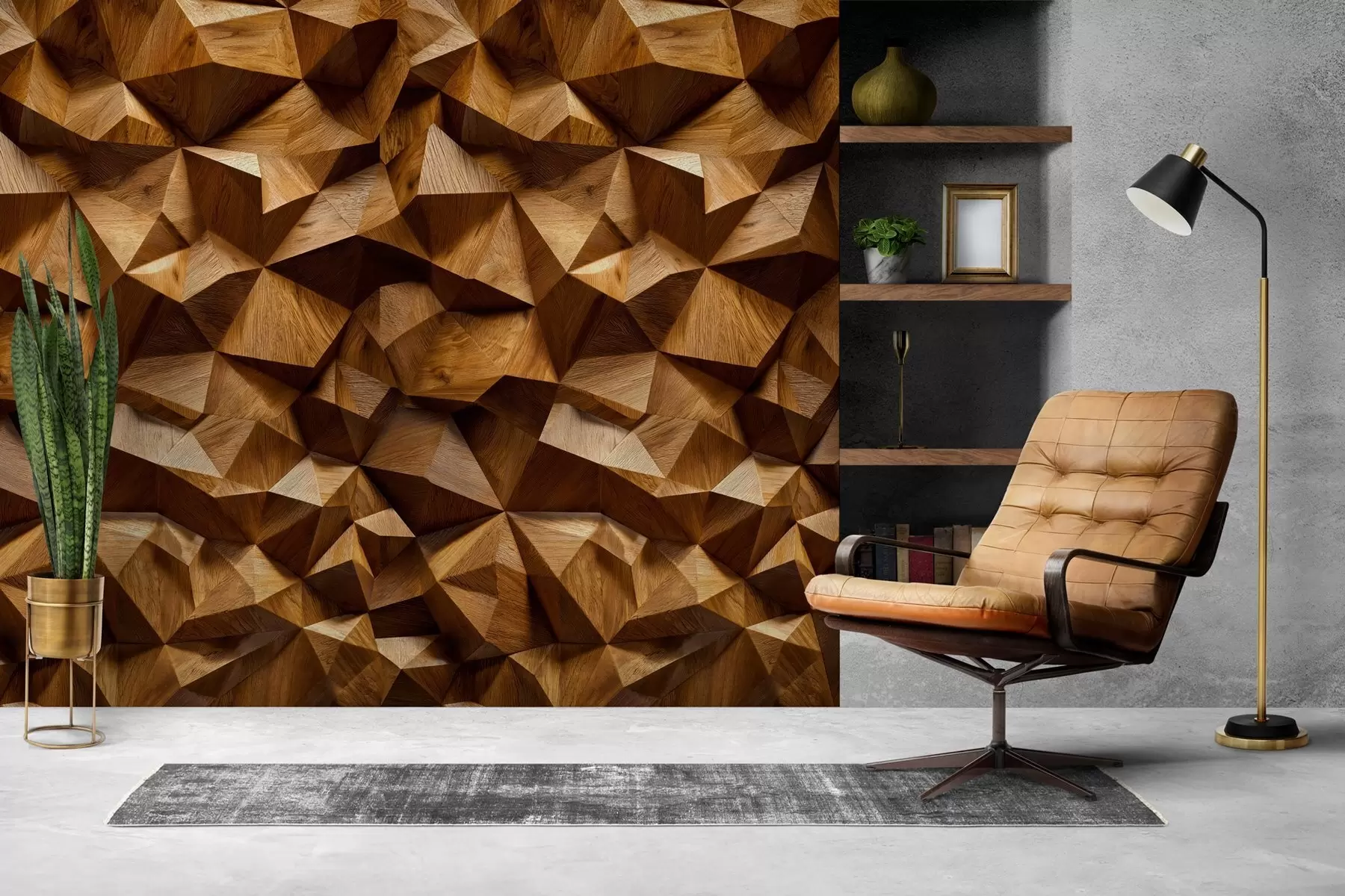 murales de pared imitación de una pared con relieve angular hecha de madera w04632