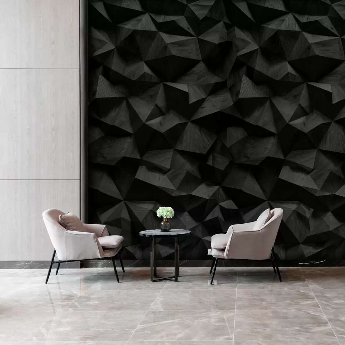 murales de pared imitación de una pared con relieve angular hecha de madera oscura w04632v1