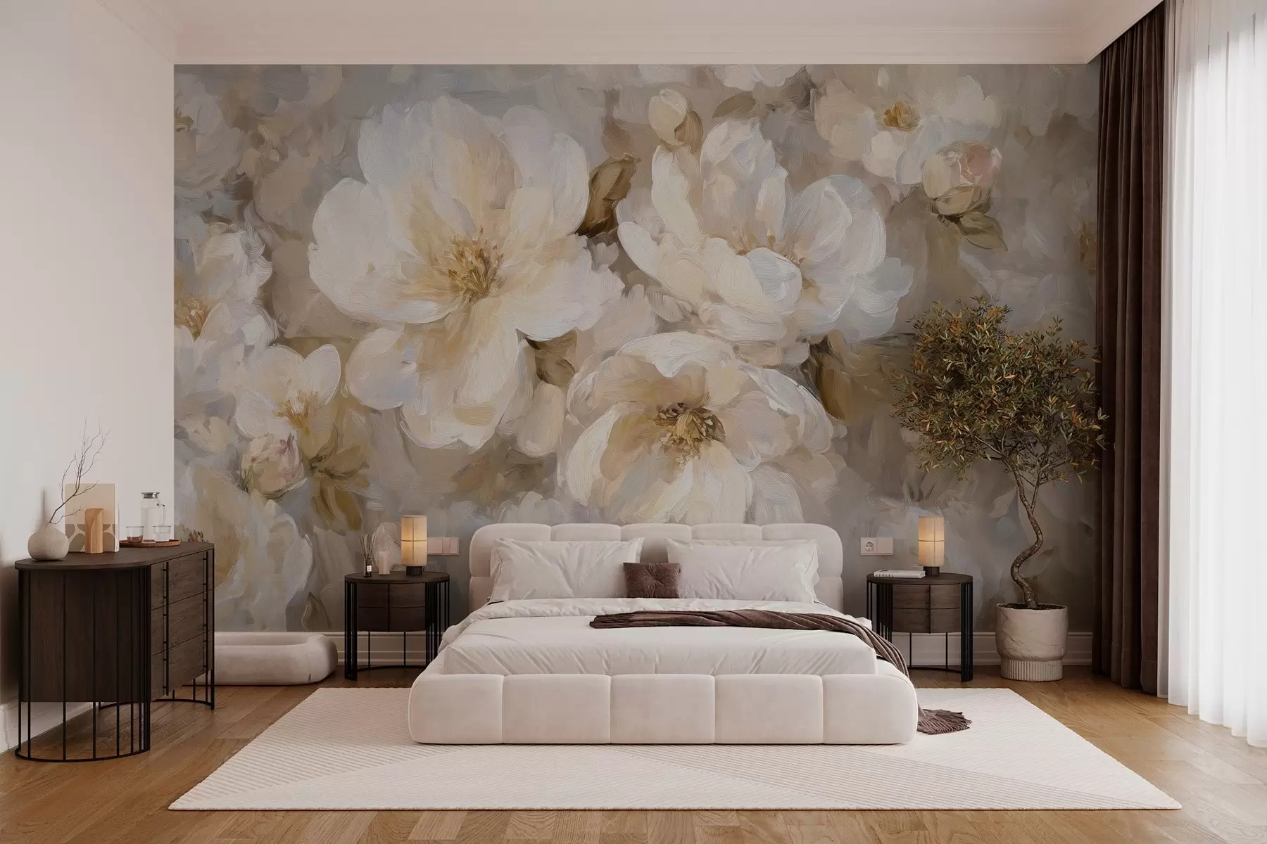 murales de pared flores grandes en tonos blancos y beige al estilo de la pintura al óleo w04633