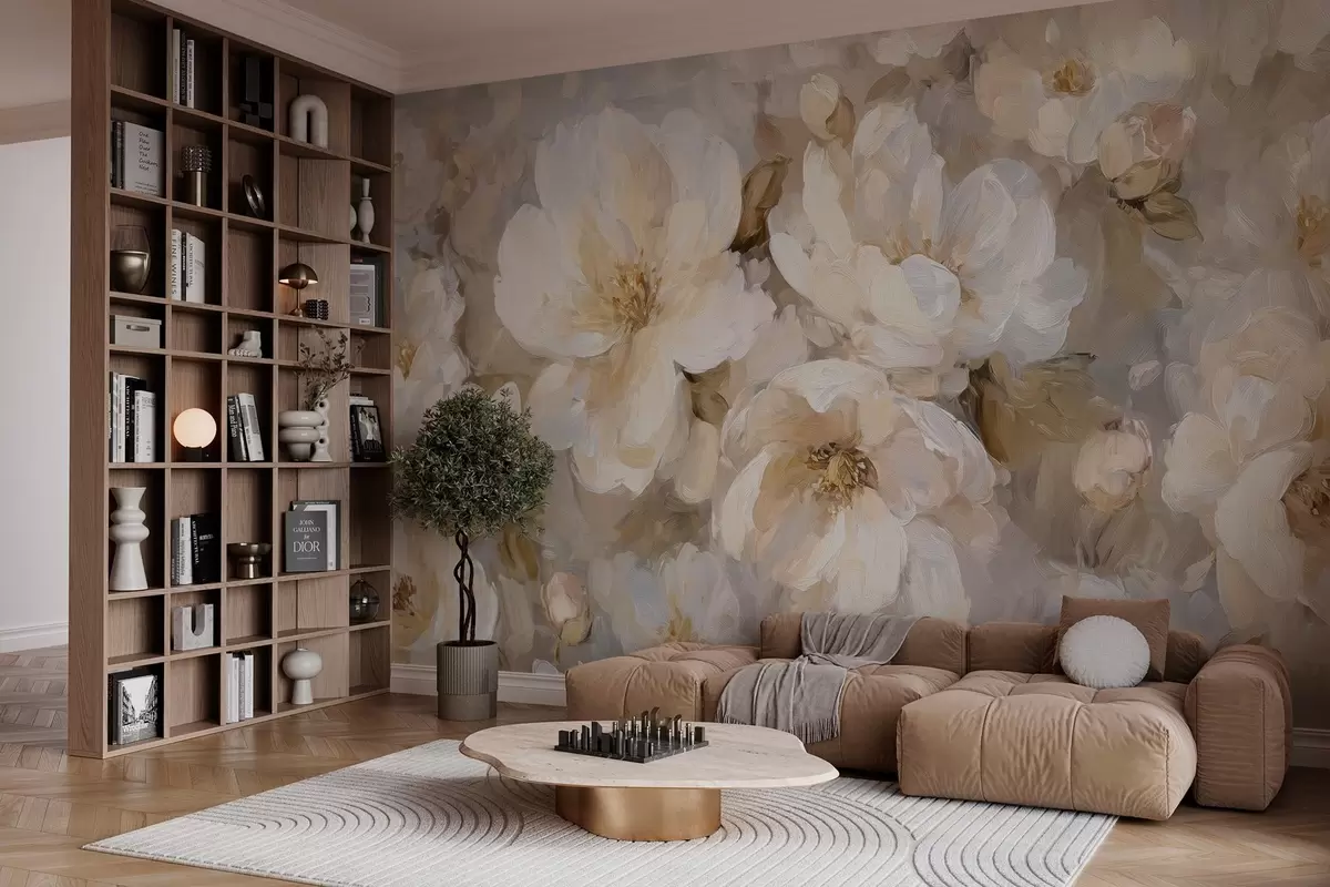 Murales de pared flores grandes en tonos blancos y beige al estilo de la pintura al óleo w04633 murales de pared flores grandes en tonos blancos y beige al estilo de la pintura al óleo w04633