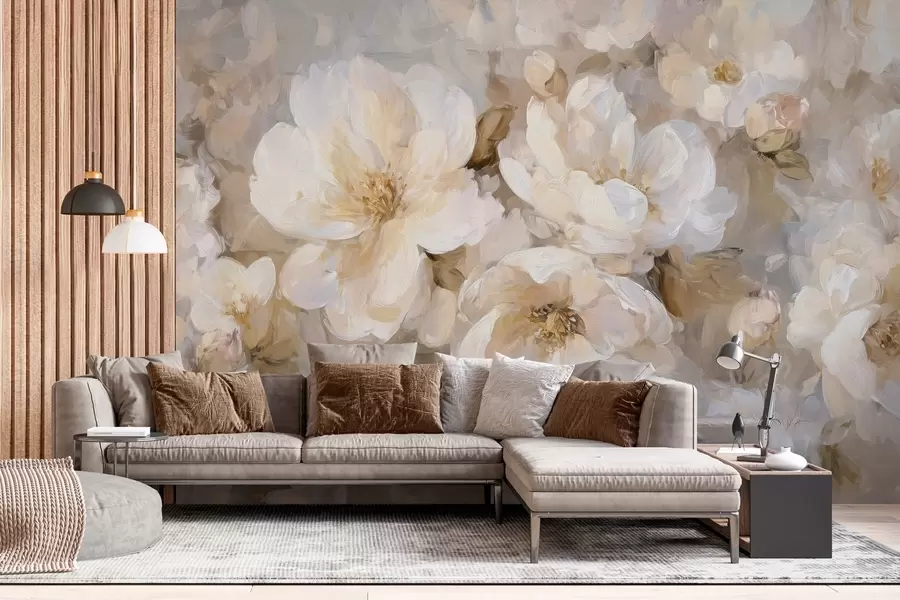 murales de pared flores grandes en tonos blancos y beige al estilo de la pintura al óleo w04633