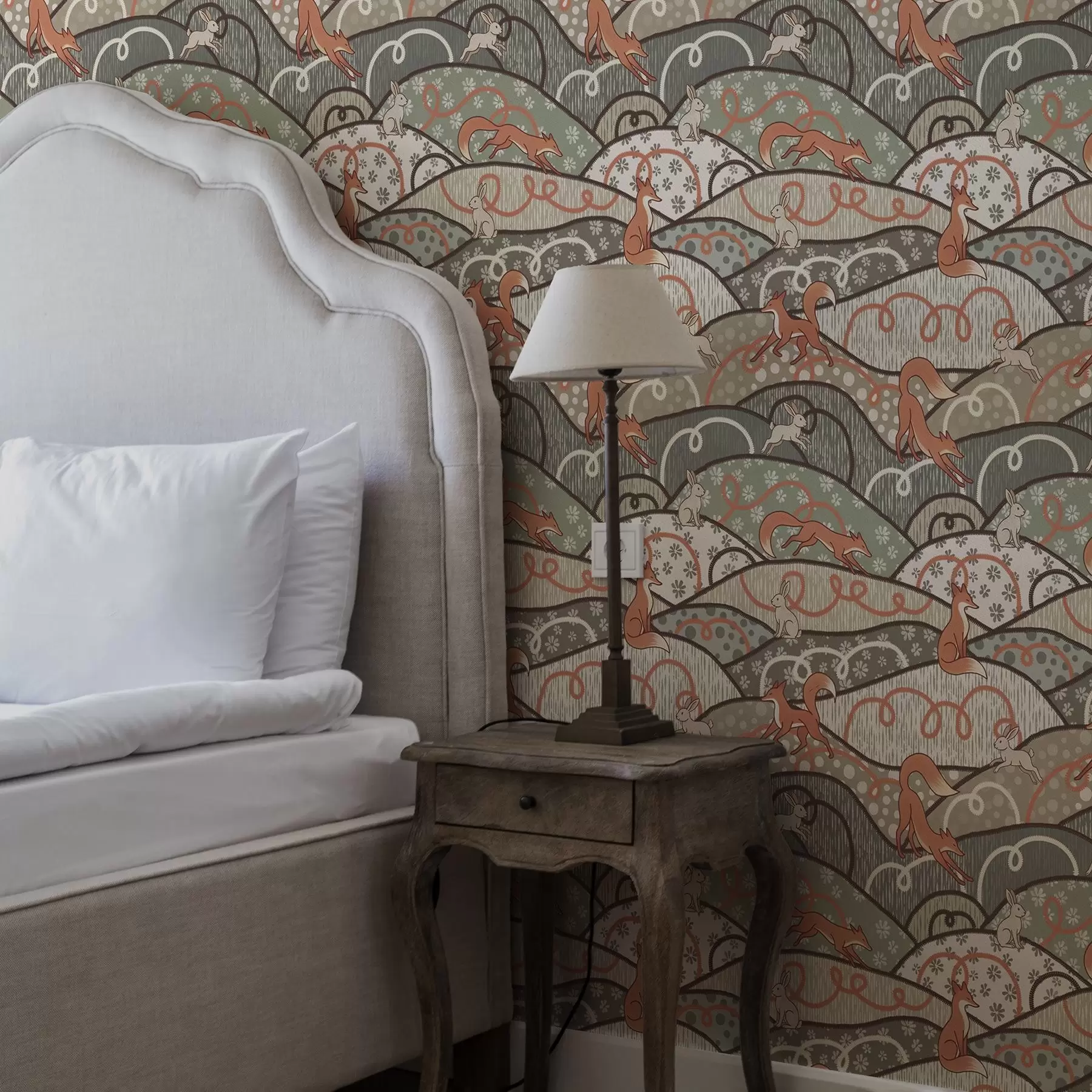 murales de pared Zorros y liebres en colinas onduladas, diseño retro a00690