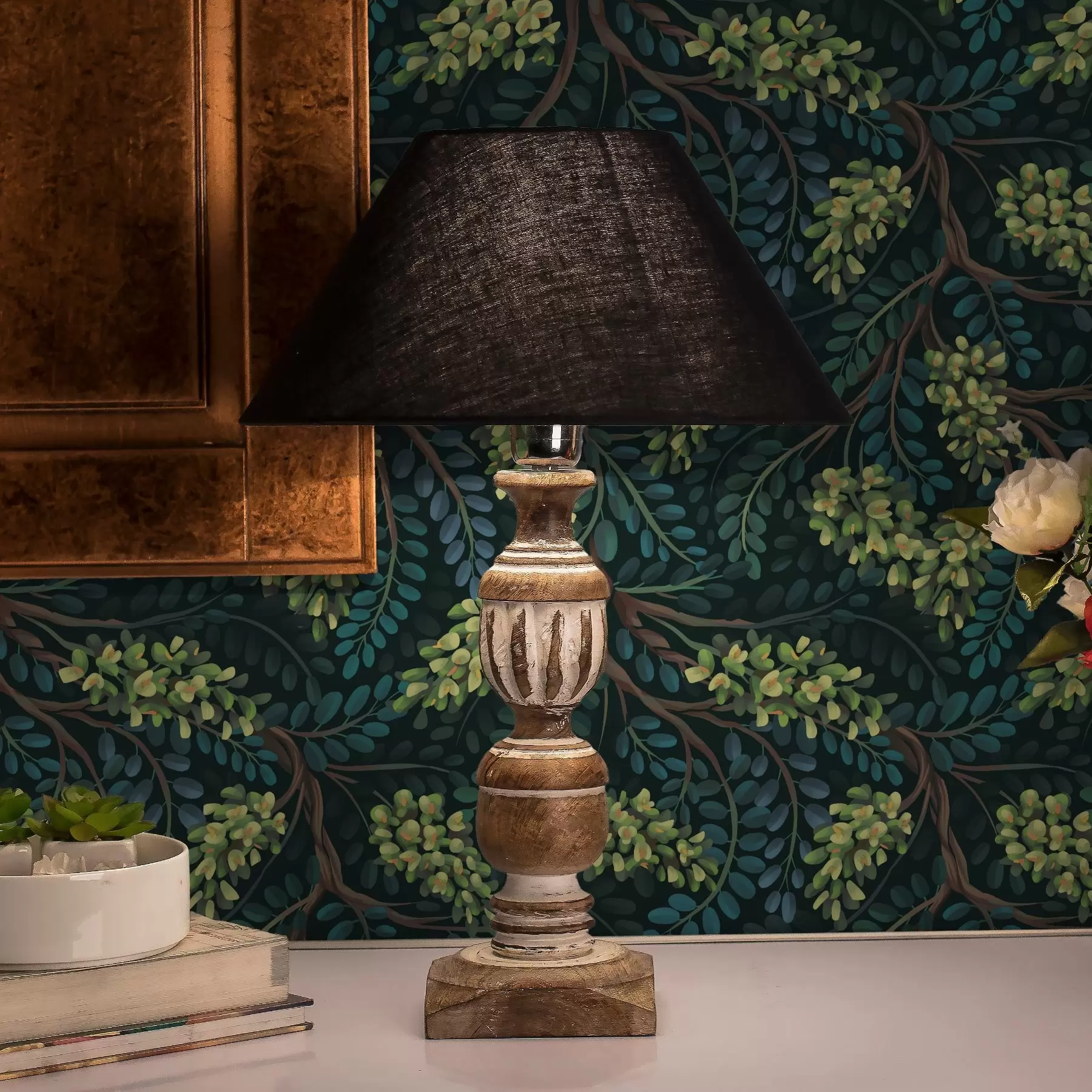 murales de pared Ramas con inflorescencias verdosas sobre fondo oscuro a00786