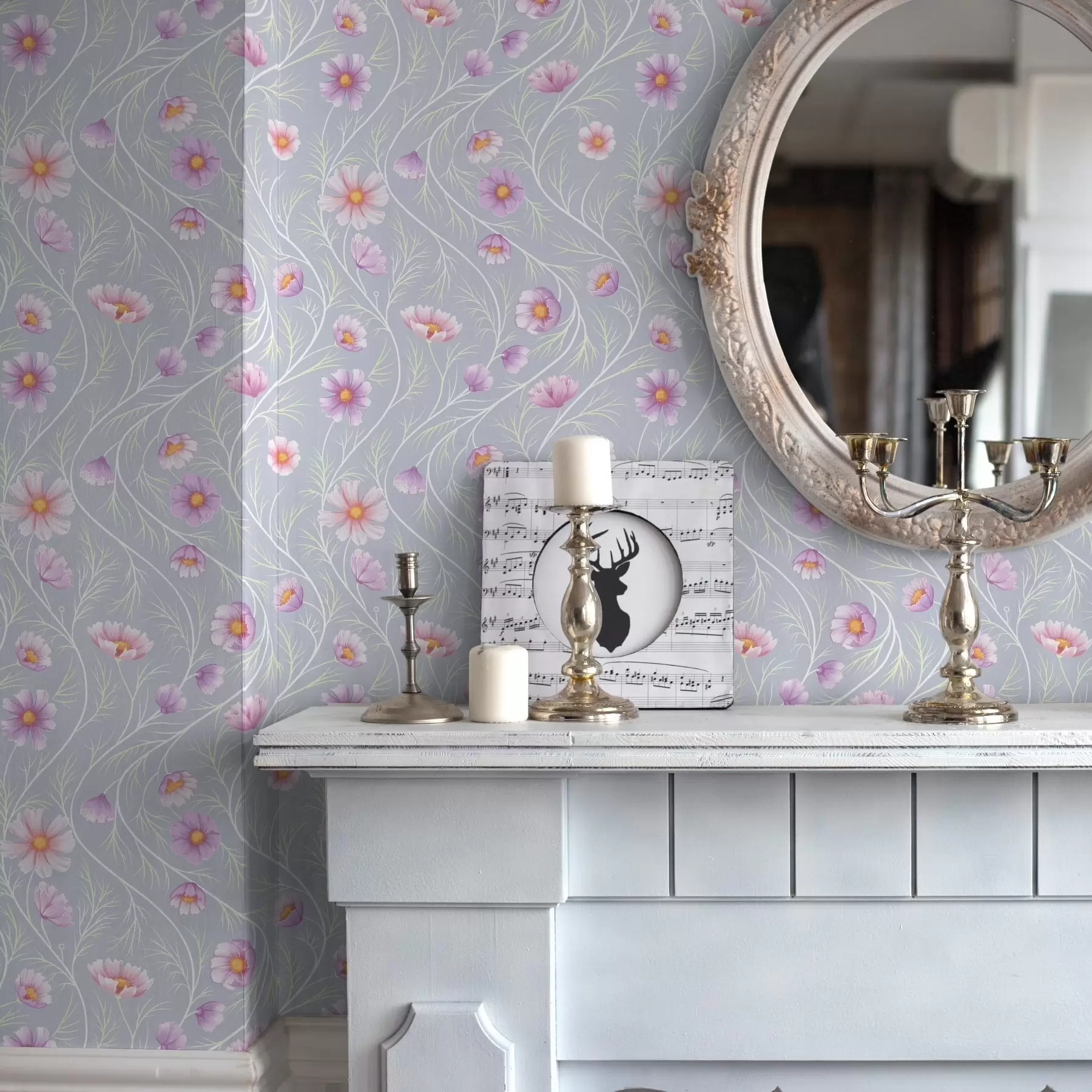 murales de pared Cosmos rosados y tallos delgados sobre fondo gris a00791