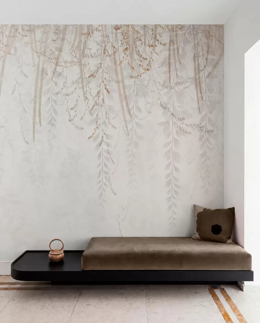 murales de pared Hojas y ramas ligeras colgantes en tonos beige w09433