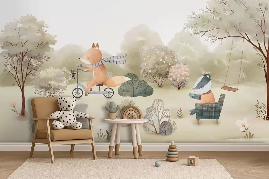 murales de pared Zorro en bicicleta y tejón con té, animales del bosque en estilo acuarela w09439