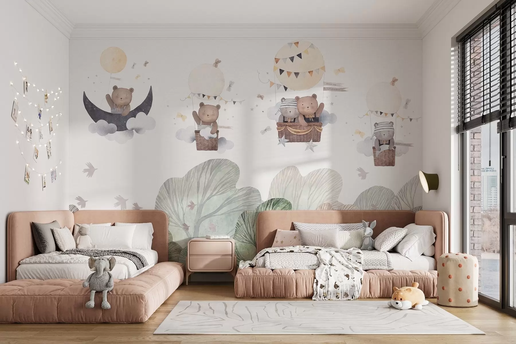 murales de pared Globos estilo acuarela con osos sobre el bosque w09437