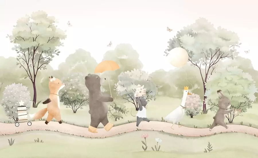 murales de pared Viaje festivo de pequeños animales por el bosque en estilo acuarela w09440