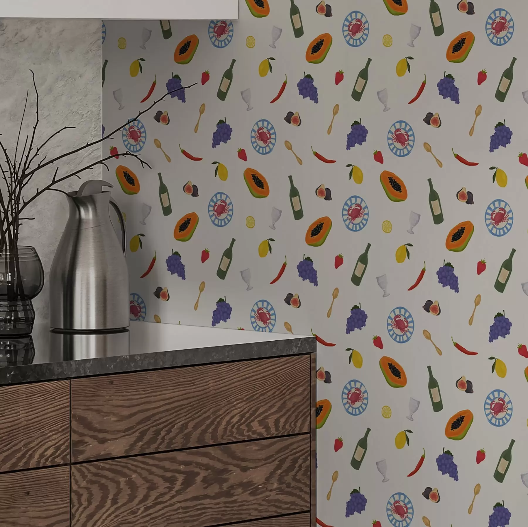 murales de pared Fruta, vino y especias dispuestos sobre un fondo claro a00639