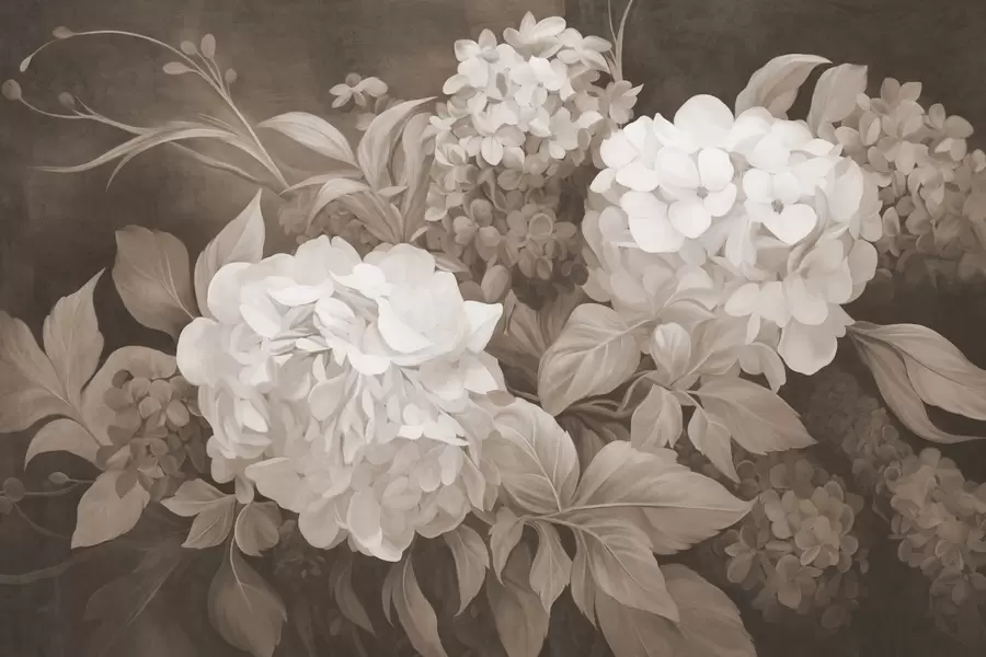 murales de pared Pintura texturizada en sepia imitando flores de hortensias con hojas grandes, fondo abstracto y oscuro w09465