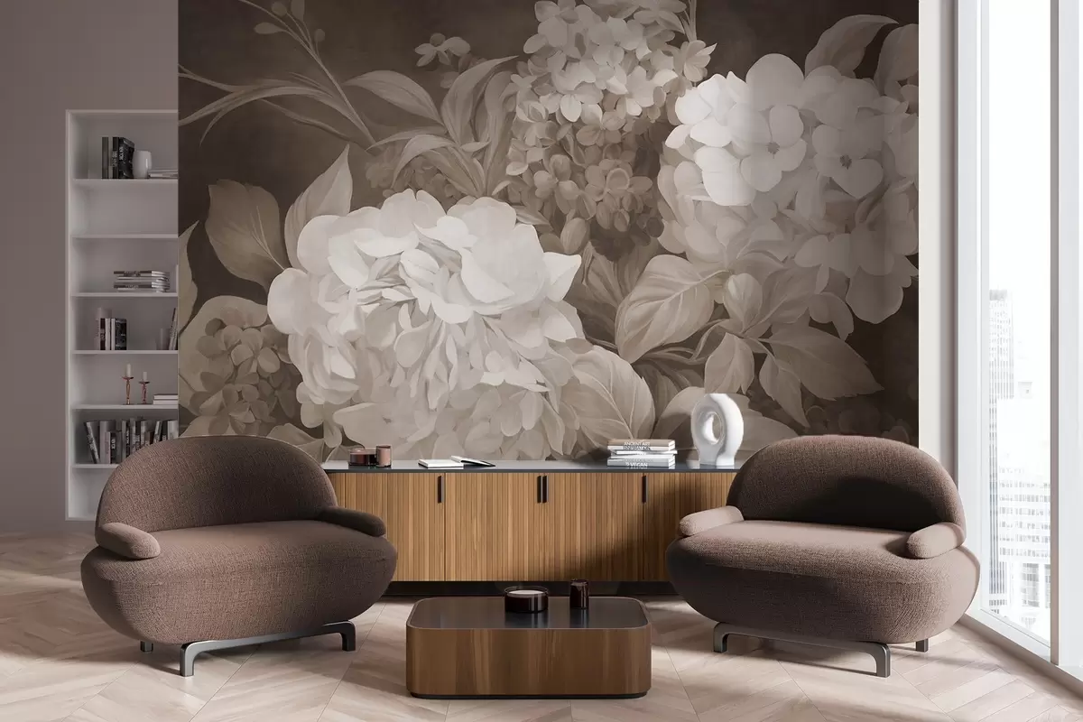Murales de pared Pintura texturizada en sepia imitando flores de hortensias con hojas grandes, fondo abstracto y oscuro w09465 murales de pared Pintura texturizada en sepia imitando flores de hortensias con hojas grandes, fondo abstracto y oscuro w09465