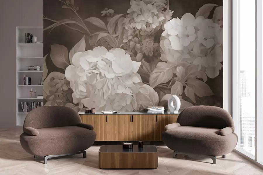 Murales de pared Pintura texturizada en sepia imitando flores de hortensias con hojas grandes, fondo abstracto y oscuro w09465 murales de pared Pintura texturizada en sepia imitando flores de hortensias con hojas grandes, fondo abstracto y oscuro w09465