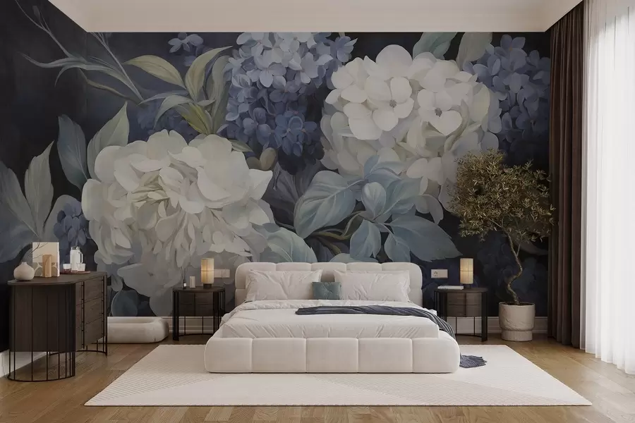 murales de pared Pintura texturizada en azul oscuro imitando flores de hortensias con hojas grandes, fondo abstracto y oscuro w09465v1