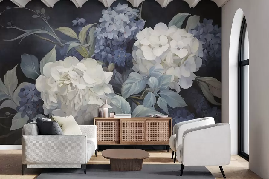 Murales de pared Pintura texturizada en azul oscuro imitando flores de hortensias con hojas grandes, fondo abstracto y oscuro w09465v1 murales de pared Pintura texturizada en azul oscuro imitando flores de hortensias con hojas grandes, fondo abstracto y oscuro w09465v1