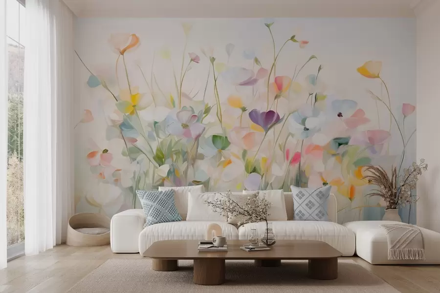 Murales de pared Campo abstracto de flores coloridas con tallos largos y hojas verdes, texturizado, colores pastel y claros w09466 murales de pared Campo abstracto de flores coloridas con tallos largos y hojas verdes, texturizado, colores pastel y claros w09466