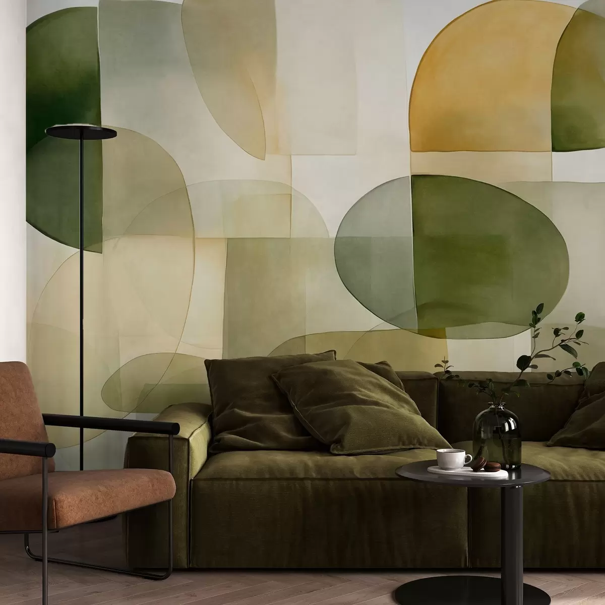 Murales de pared Formas abstractas con textura en tonos verdes y amarillos, colores apagados, composición minimalista, fondo neutro w09467 murales de pared Formas abstractas con textura en tonos verdes y amarillos, colores apagados, composición minimalista, fondo neutro w09467