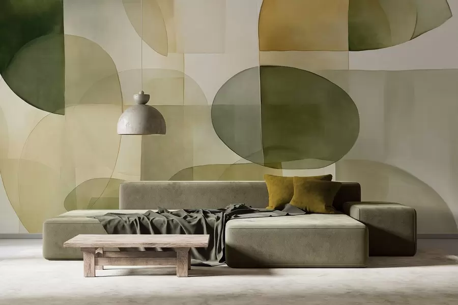 murales de pared Formas abstractas con textura en tonos verdes y amarillos, colores apagados, composición minimalista, fondo neutro w09467