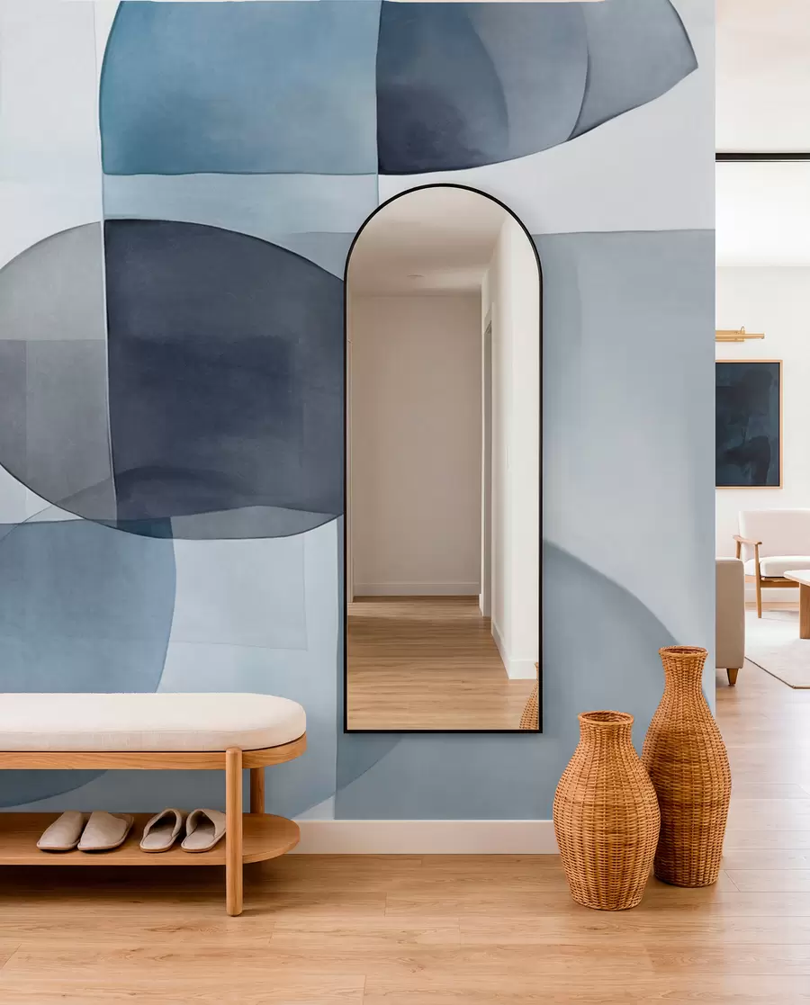 murales de pared Formas abstractas con textura en tonos grises y azules, tonos apagados, composición minimalista, fondo neutro w09467v1