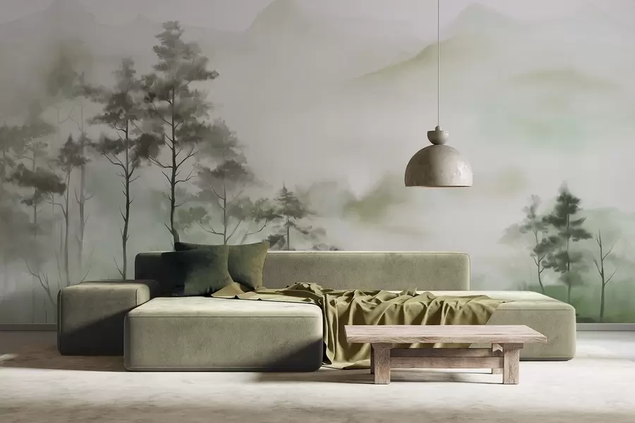 Murales de pared Paisaje brumoso con árboles altos y montañas en tonos verdes y grises apagados, estilo minimalista, texturizado w09469 murales de pared Paisaje brumoso con árboles altos y montañas en tonos verdes y grises apagados, estilo minimalista, texturizado w09469