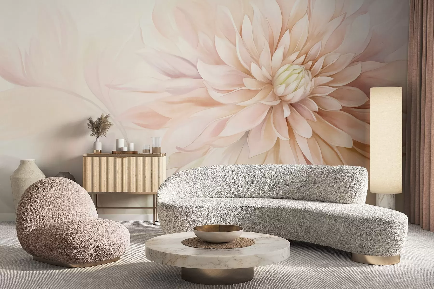 murales de pared Una flor de dalia rosa claro con muchos pétalos, fondo pastel de textura suave con toques de verde y beige w09470