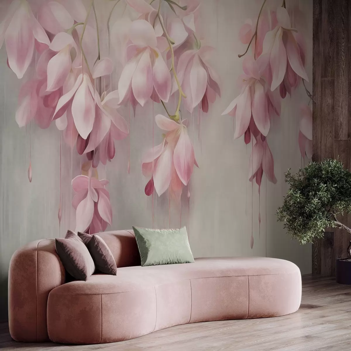 Murales de pared Flores rosas colgantes, fondo gris claro, arreglo floral con textura, arte botánico, colores pastel w09471 murales de pared Flores rosas colgantes, fondo gris claro, arreglo floral con textura, arte botánico, colores pastel w09471