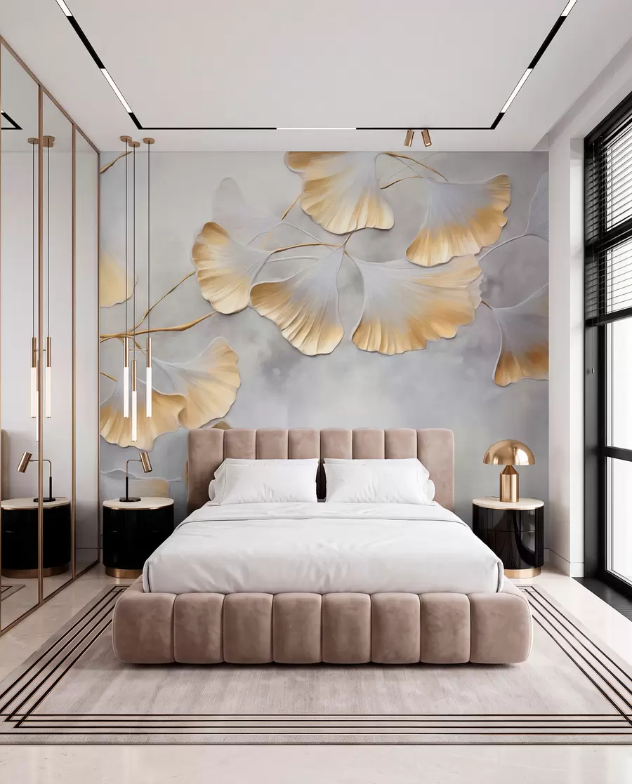 murales de pared Hojas de ginkgo biloba con bordes amarillos en una rama, fondo gris texturizado, diseño elegante y minimalista w09472